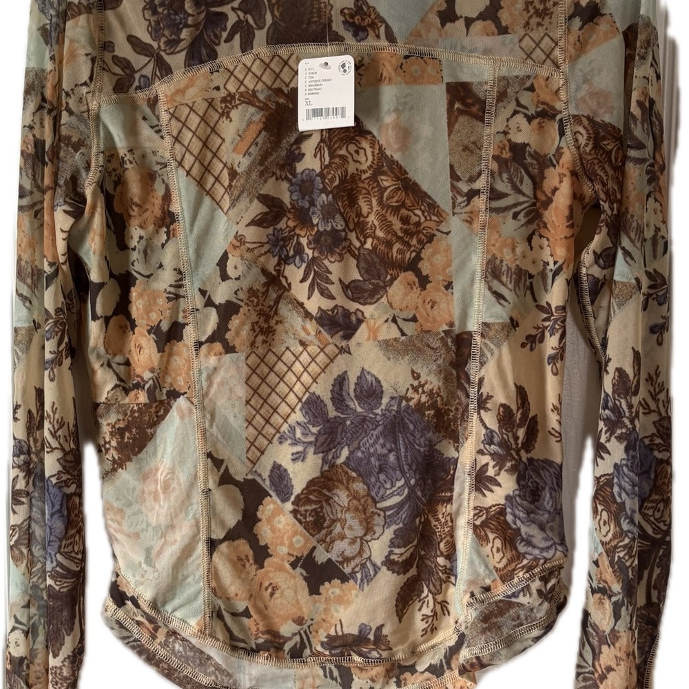 Free People Patchwork Floral Long Sleeve Top in Mint, Brown, Cream